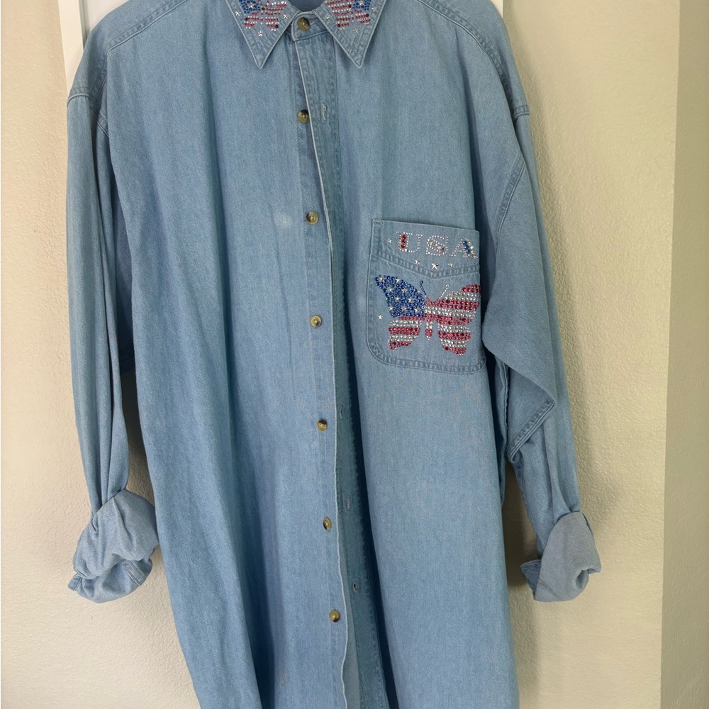 Vintage Christine Alexander Denim Shirt with USA Flag Design